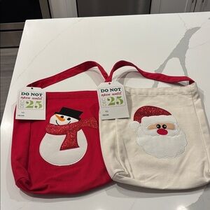 Festive Red Snowman Tote & Cream Santa Tote Bags.. 2 Bags.. 14x12x3 Inches.. NWT